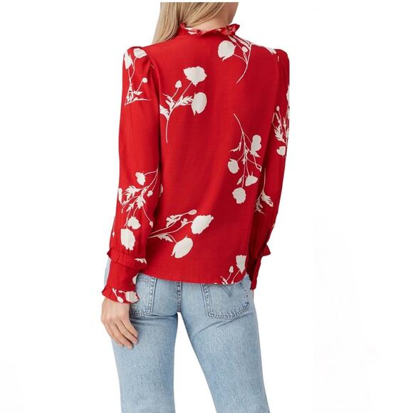 Ba&sh red white floral ruffle button up long sleeve top - Picture 6 of 11